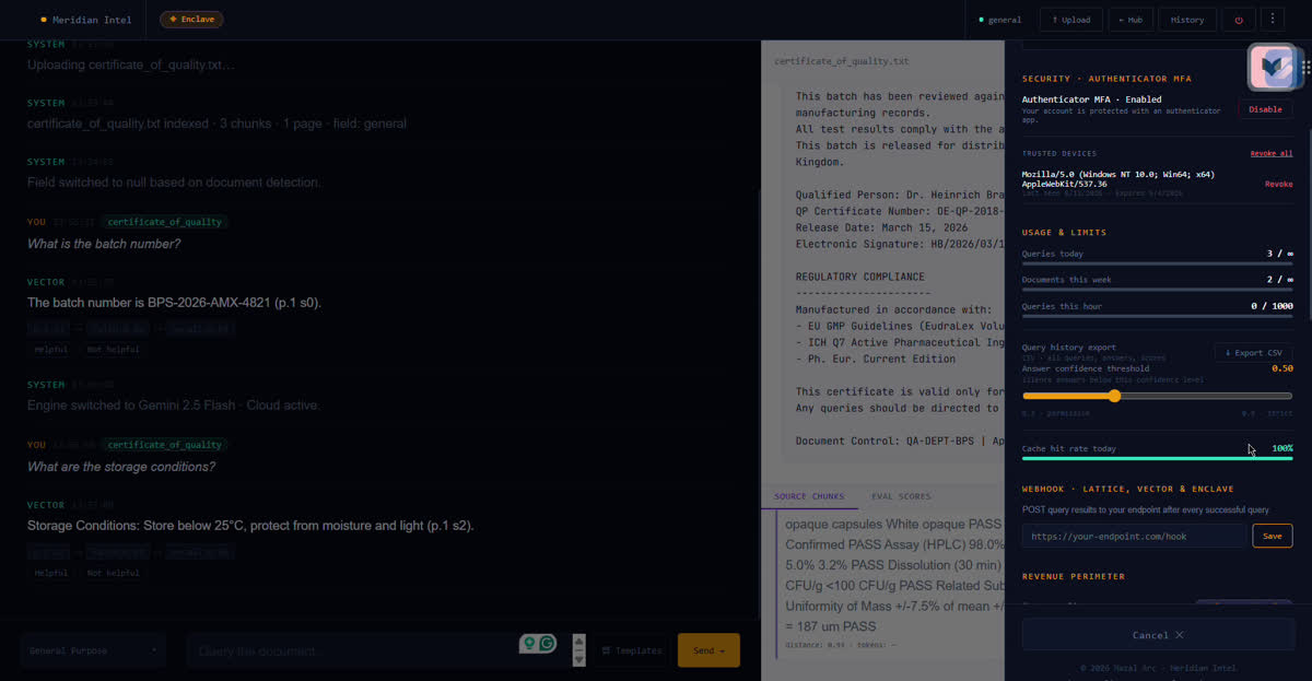 Settings panel showing MFA enabled, trusted devices, usage limits, and webhook config