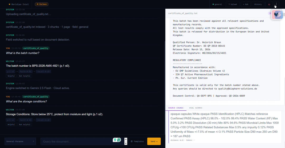 Source chunks panel showing the exact text used to generate the answer